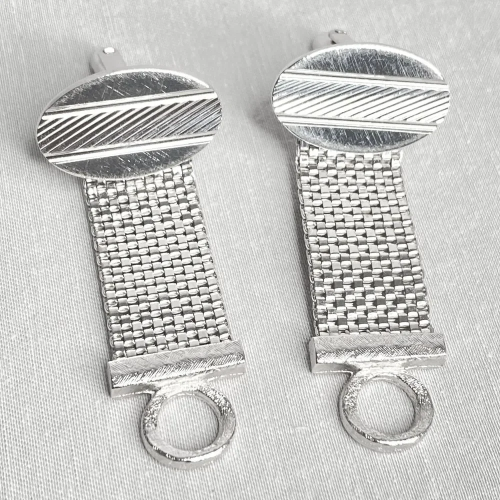 💎Silver Tone Mesh Wrap Oval Etched Cufflinks Men’s Vintage Designer